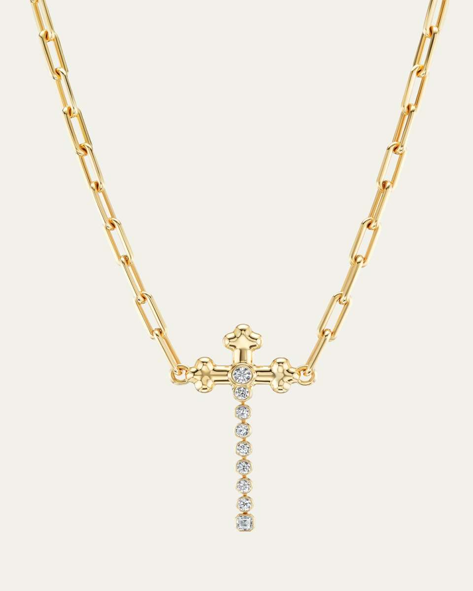 18K Yellow Gold Large Cross Heavy Metal Diamond Necklace